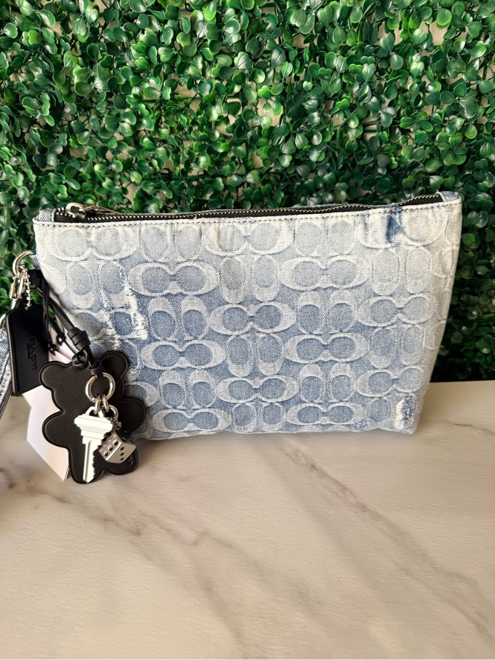 Coach Light Blue Distressed Denim Signature Wristlet Pouch with Charms NWT - Picture 4 of 8